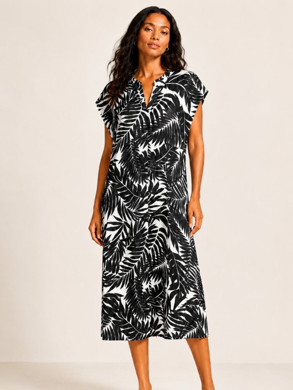 Lou & Grey Brazil Palm Print Dolman Dress Black White V Neck Size S NWT